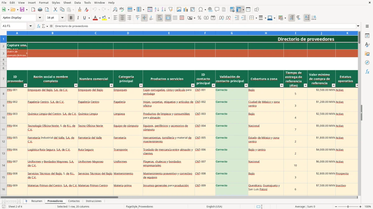 Vista previa de la hoja Proveedores del archivo Directorio de proveedores en Excel Gratis 2026