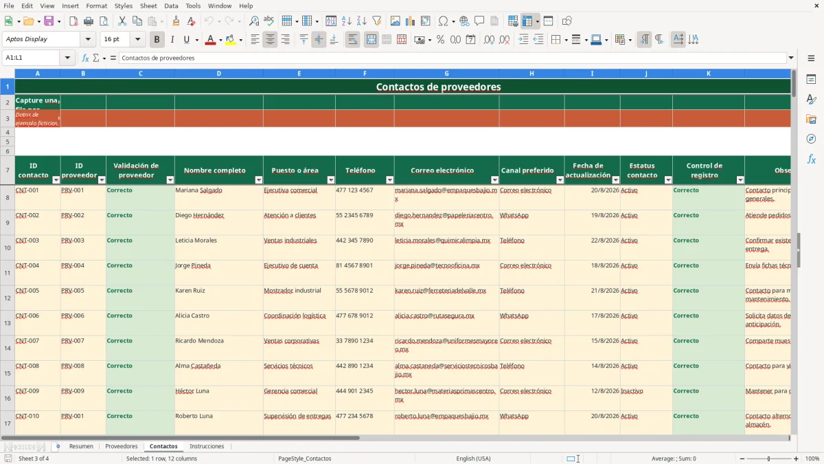 Vista previa de la hoja Contactos del archivo Directorio de proveedores en Excel Gratis 2026