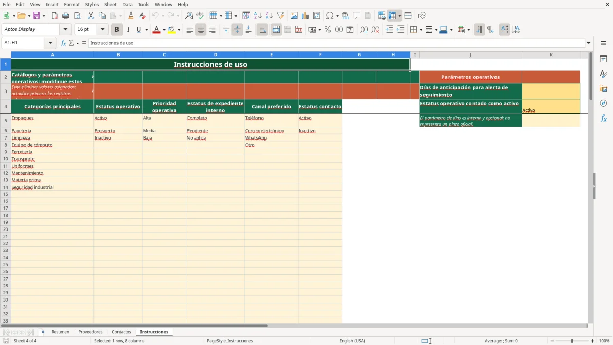 Vista previa de la hoja Instrucciones del archivo Directorio de proveedores en Excel Gratis 2026
