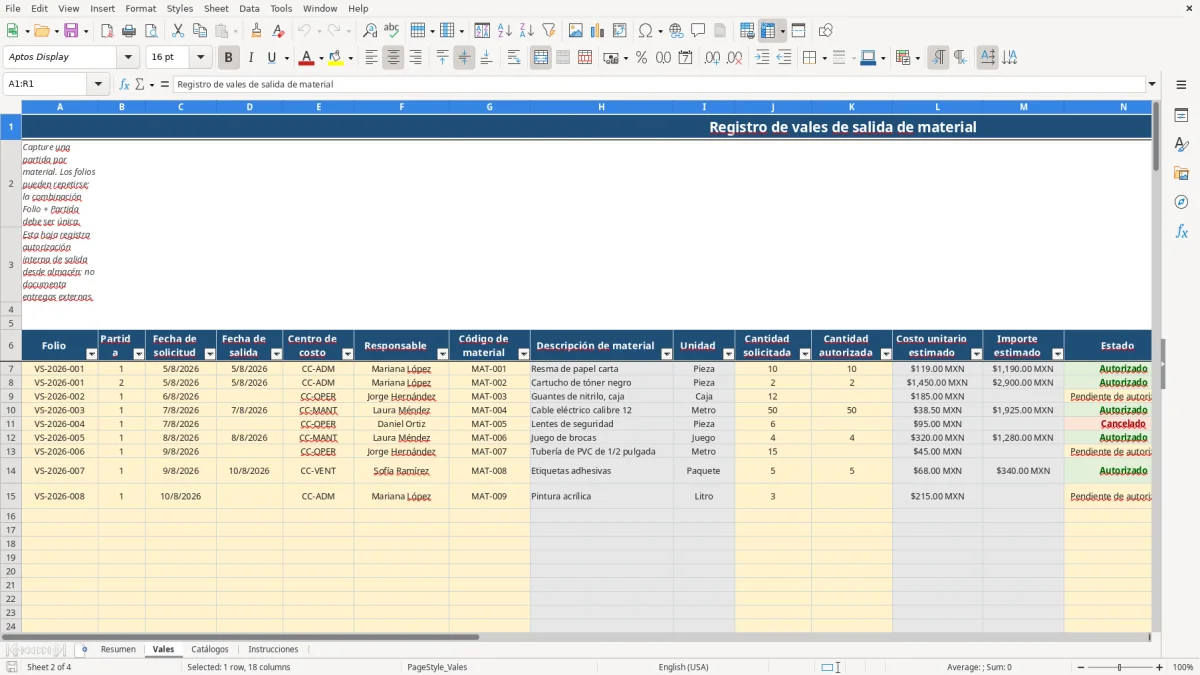 Vista previa de la hoja Vales del archivo Gestiona vales de salida en Excel Gratis 2026