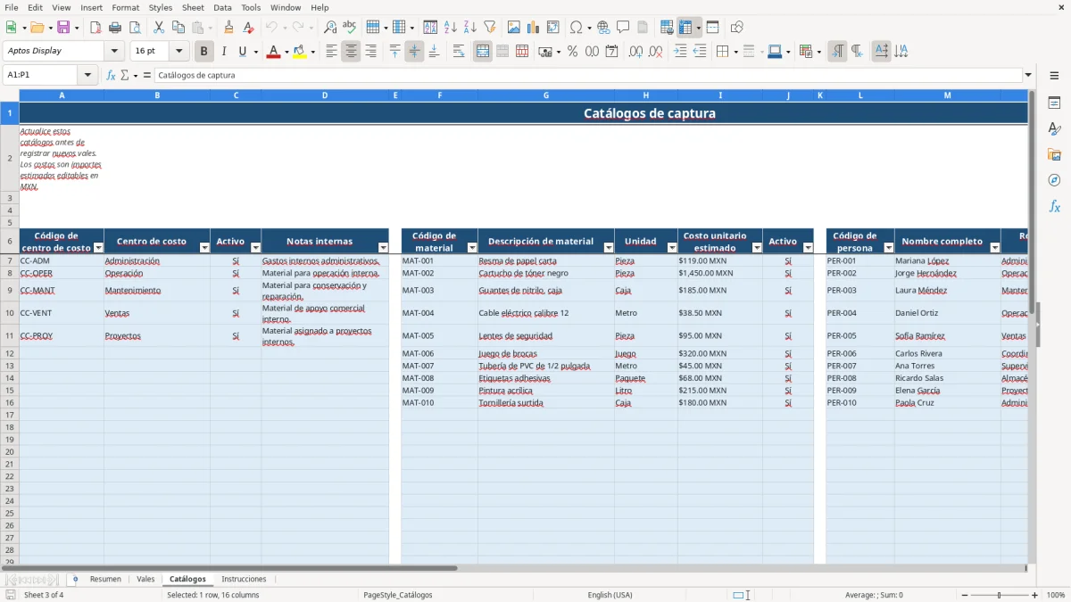Vista previa de la hoja Catálogos del archivo Gestiona vales de salida en Excel Gratis 2026