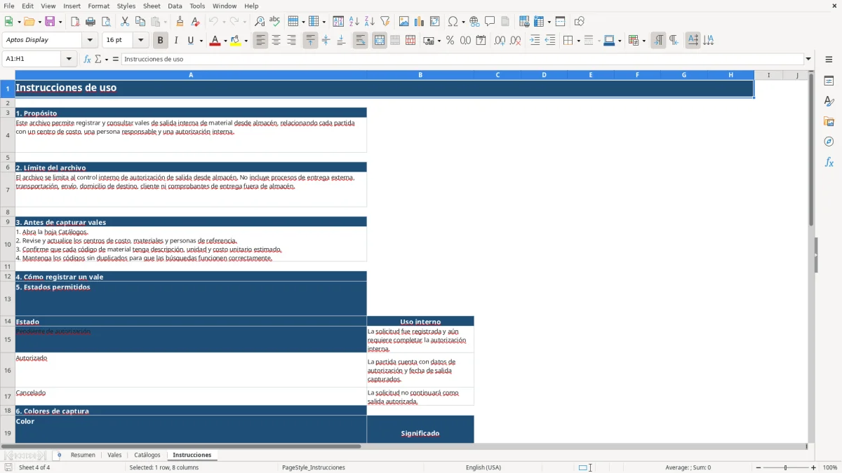 Vista previa de la hoja Instrucciones del archivo Gestiona vales de salida en Excel Gratis 2026